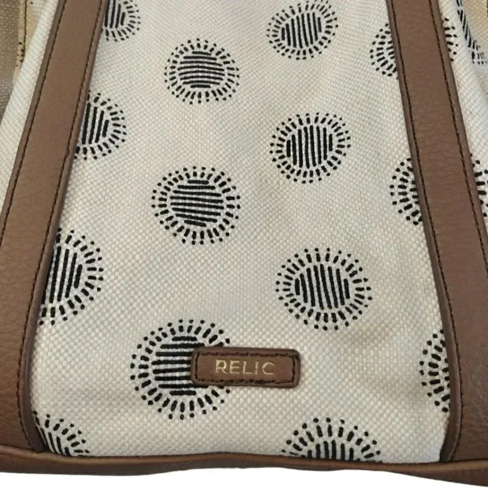 RELIC Printed Cream Canvas and Tan Faux Leather Shoulder Tote‎ Bag